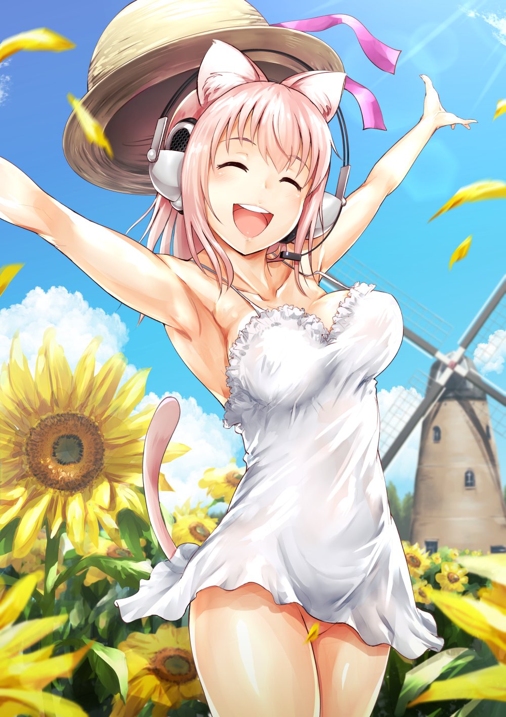 1girl ^_^ animal_ears blush breasts cat_ears closed_eyes clouds convenient_censoring dress field flower flower_field ganari_ryuu hat headphones highres large_breasts long_hair no_panties open_mouth original petals pink_hair sky smile solo straw_hat sun_hat sundress sunflower super_tama_musume tail tamatoys windmill