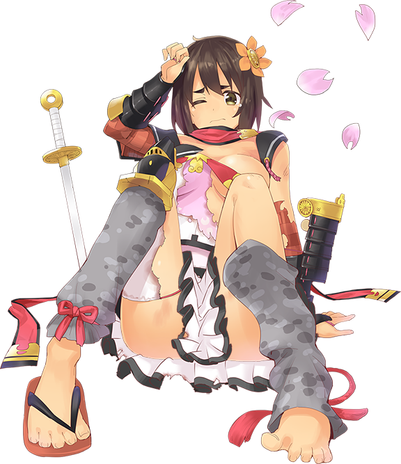 1girl artist_request ass breasts brown_hair flower full_body hair_flower hair_ornament hand_on_head kanegasaki_(oshiro_project) lying official_art one_eye_closed oshiro_project oshiro_project_re petals short_hair single_shoe sitting sword tearing_up torn_clothes transparent_background weapon yellow_eyes