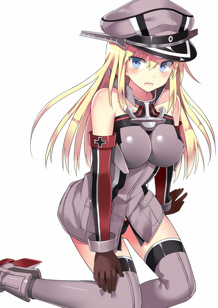 10s 1girl 501092-taka bangs bare_shoulders bismarck_(kantai_collection) black_panties blonde_hair blue_eyes blush breasts brown_gloves collarbone commentary_request detached_sleeves gloves grey_legwear hair_between_eyes hat iron_cross kantai_collection kneeling large_breasts long_hair looking_at_viewer military military_hat military_uniform open_mouth panties peaked_cap simple_background solo thigh-highs underwear uniform white_background