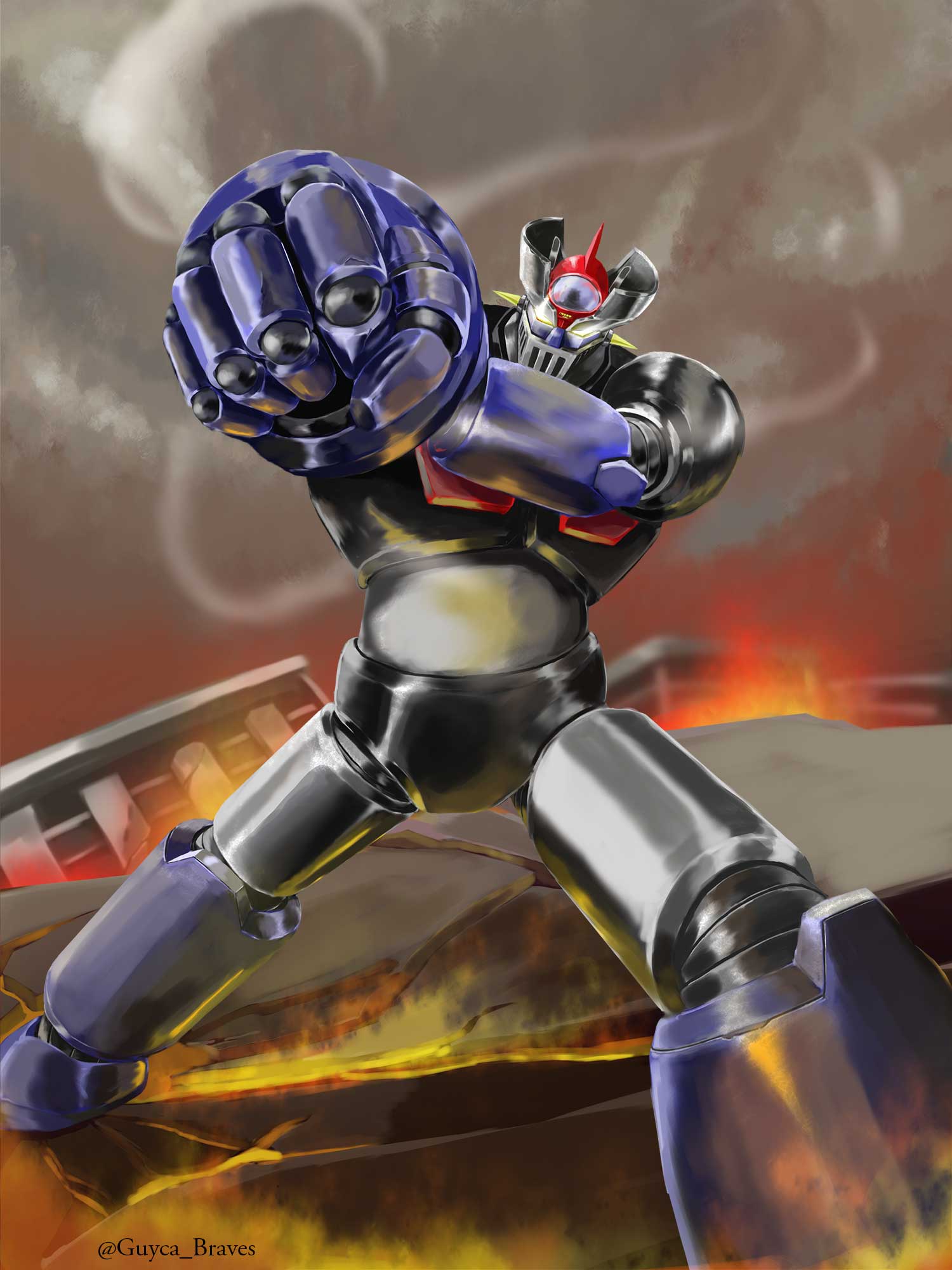 70s aiming_at_viewer building burning clenched_hand collapsed epic fire glowing glowing_eyes guyca_braves highres mazinger_z mazinger_z_(mecha) mecha oldschool realistic rocket_punch ruins science_fiction signature smoke super_robot