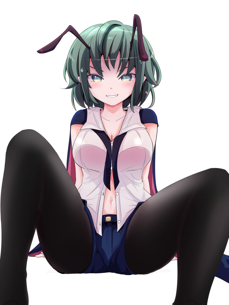 1girl adda antennae black_legwear breasts buttons cape commentary_request dress_shirt green_eyes green_hair large_breasts looking_at_viewer navel pantyhose shirt short_hair short_shorts shorts simple_background sitting sleeveless sleeveless_shirt solo spread_legs touhou white_background white_shirt wriggle_nightbug