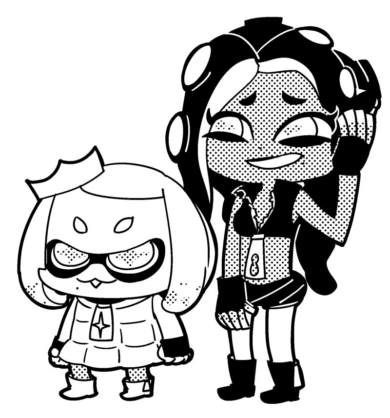 2girls bkub buck_teeth chibi crop_top crown domino_mask dress full_body greyscale long_hair marina_(splatoon) mask midriff mole mole_under_mouth monochrome multiple_girls octarian pantyhose pearl_(splatoon) short_hair short_shorts shorts simple_background sleeveless splatoon splatoon_2 tentacle_hair white_background