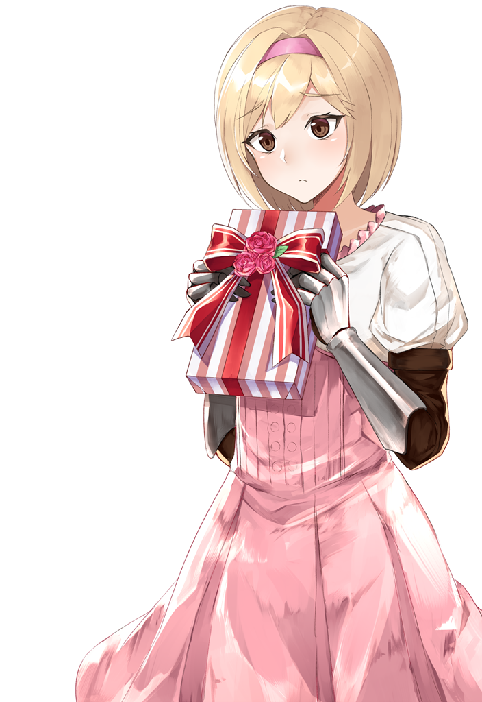 1girl blonde_hair blush brown_eyes djeeta_(granblue_fantasy) eyebrows_visible_through_hair gen_(gen_7254) gift granblue_fantasy hairband holding holding_gift looking_at_viewer red_ribbon ribbon solo