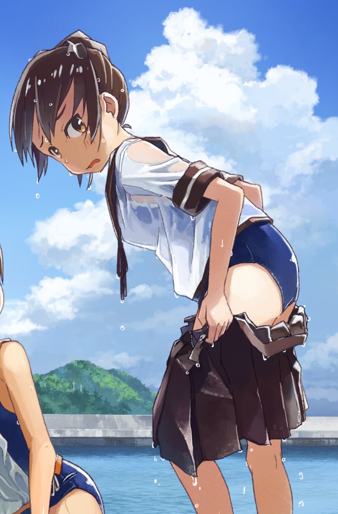 10s 2girls blush brown_eyes brown_hair clouds cloudy_sky commentary_request day dripping from_side i-401_(kantai_collection) kantai_collection kusakabe_(kusakabeworks) looking_at_viewer multiple_girls neck_ribbon outdoors pleated_skirt ponytail ribbon school_uniform see-through serafuku shikinami_(kantai_collection) shirt skirt sky solo_focus standing swimsuit swimsuit_under_clothes undressing wet wet_clothes wet_shirt wet_skirt