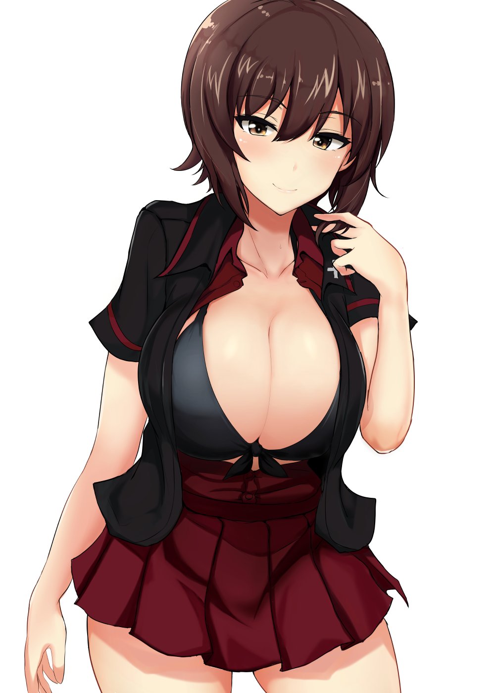 1girl black_bra black_jacket blush bra breasts brown_eyes brown_hair closed_mouth collarbone collared_shirt eyebrows_visible_through_hair girls_und_panzer hair_between_eyes hair_ornament hairclip highres jacket large_breasts nishizumi_maho open_clothes open_jacket open_shirt poshi_(ginmokusei) red_shirt red_skirt shirt short_hair short_sleeves simple_background skirt smile solo underwear upper_body white_background