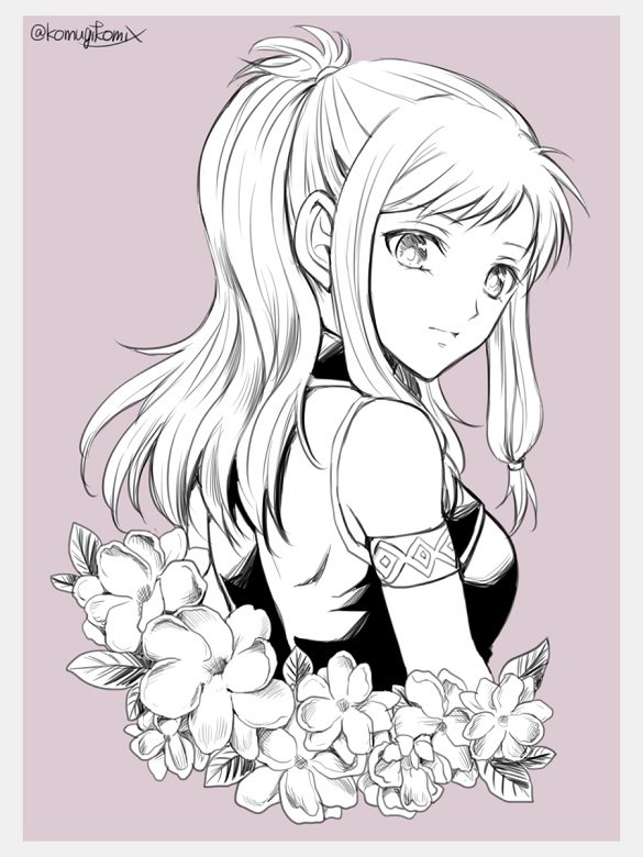 1girl braiding_hair fire_emblem fire_emblem:_seima_no_kouseki floral_background flower greyscale hairdressing komugikomix long_hair looking_at_viewer marica_(fire_emblem) monochrome simple_background solo