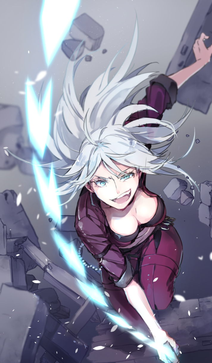 1girl bangs blue_eyes breasts grin highres holding holding_weapon holding_whip jacket judith_(unlight) jumpsuit long_hair looking_at_viewer medium_breasts open_clothes open_jacket open_mouth shuzi silver_hair sleeves_rolled_up smile solo teeth unlight weapon