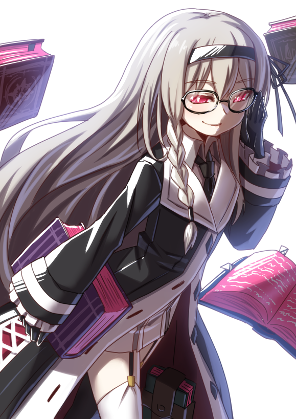 1girl alternate_costume blonde_hair blush book braid glasses glowing glowing_eyes gretel_(mary_skelter) hair_ornament hairband looking_at_viewer mary_skelter mizunashi_(second_run) red_eyes smile solo