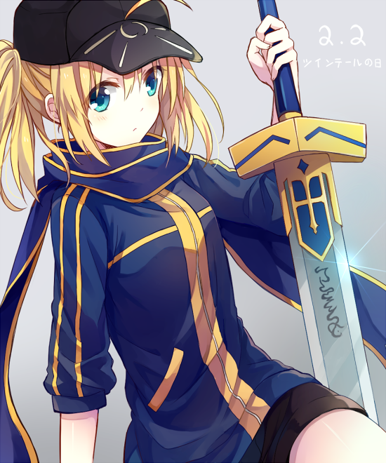 1girl ahoge alternate_hairstyle bangs baseball_cap black_scarf black_shorts blonde_hair blue_eyes dated fate_(series) hair_between_eyes hand_up hat heroine_x holding holding_sword holding_weapon rojiura_satsuki:_chapter_heroine_sanctuary saber scarf shorts sidelocks sleeves_past_elbows solo sword twintails weapon yimu