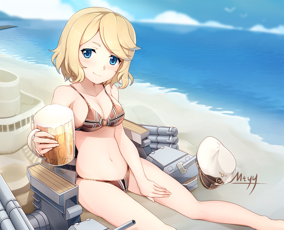 1girl alcohol alternate_breast_size artist_name bangs beach beer beer_mug bikini blonde_hair blue_eyes blue_sky blush breasts cannon cleavage closed_mouth clouds cup day hand_on_thigh hand_up hat hat_removed headwear_removed holding holding_cup looking_at_viewer machinery medium_breasts mtyy navel o-ring_bikini o-ring_top ocean outdoors parted_bangs peaked_cap pier seaside short_hair signature sitting sitting_on_ground sky skyline smile solo swimsuit torpedo z16_friedrich_eckoldt_(zhan_jian_shao_nyu) zhan_jian_shao_nyu