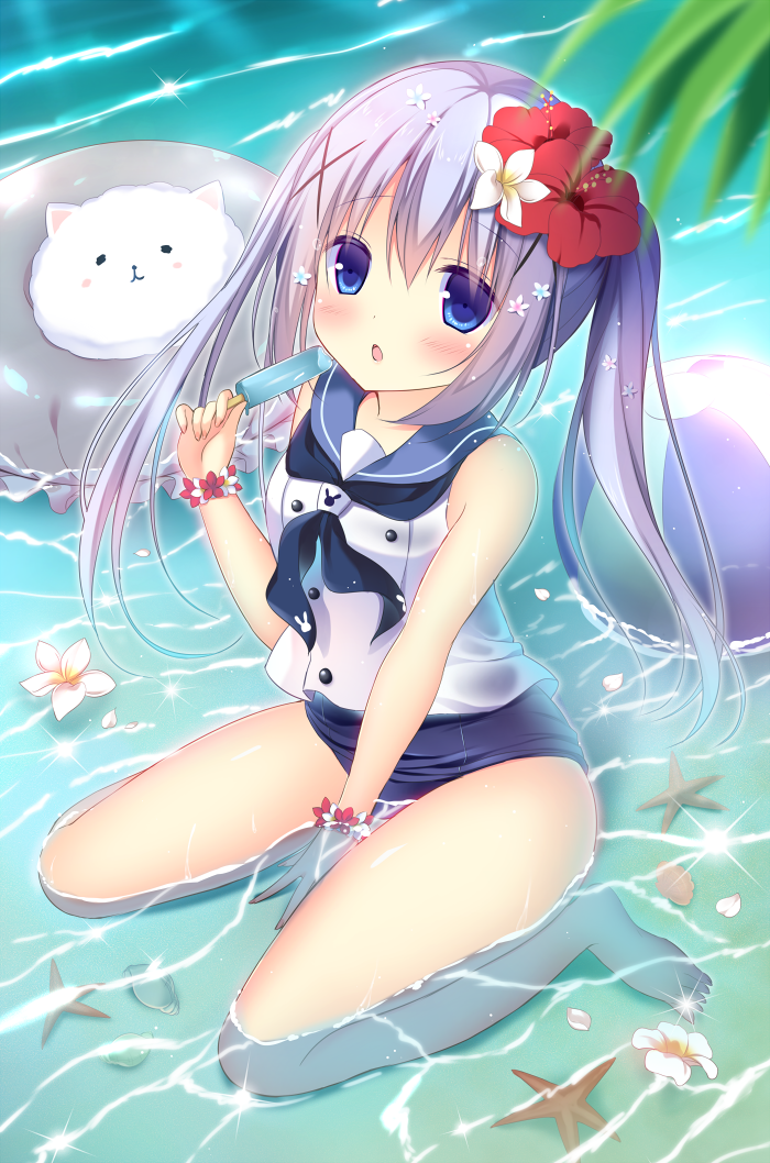 1girl :o angora_rabbit animal ball bangs bare_shoulders barefoot beachball between_legs blue_eyes blue_neckerchief blue_sailor_collar blush breasts chestnut_mouth commentary_request day eyebrows_visible_through_hair flower flower_bracelet food gochuumon_wa_usagi_desu_ka? hair_between_eyes hair_flower hair_ornament hairclip hand_between_legs holding holding_food kafuu_chino leaf light_blue_hair long_hair looking_at_viewer neckerchief ocean one-piece_swimsuit open_mouth outdoors partially_submerged popsicle rabbit sailor_collar school_swimsuit seashell shell shibainu_niki shirt sidelocks sitting sleeveless sleeveless_shirt small_breasts sparkle starfish swimsuit swimsuit_under_clothes tippy_(gochiusa) twintails wariza white_shirt x_hair_ornament