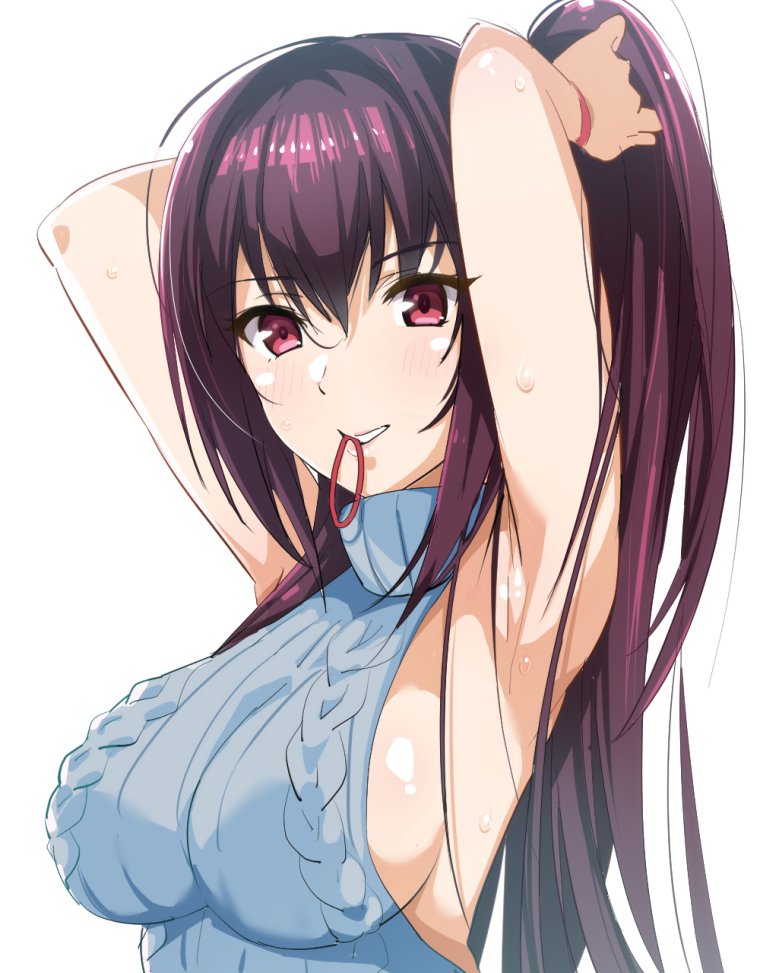 1girl blue_sweater blush breasts fate/grand_order fate_(series) long_hair looking_at_viewer medium_breasts meme_attire mouth_hold no_bra pink_eyes ponytail purple_hair scathach_(fate/grand_order) sideboob simple_background solo sweater teeth tying_hair upper_body virgin_killer_sweater white_background yusukesan