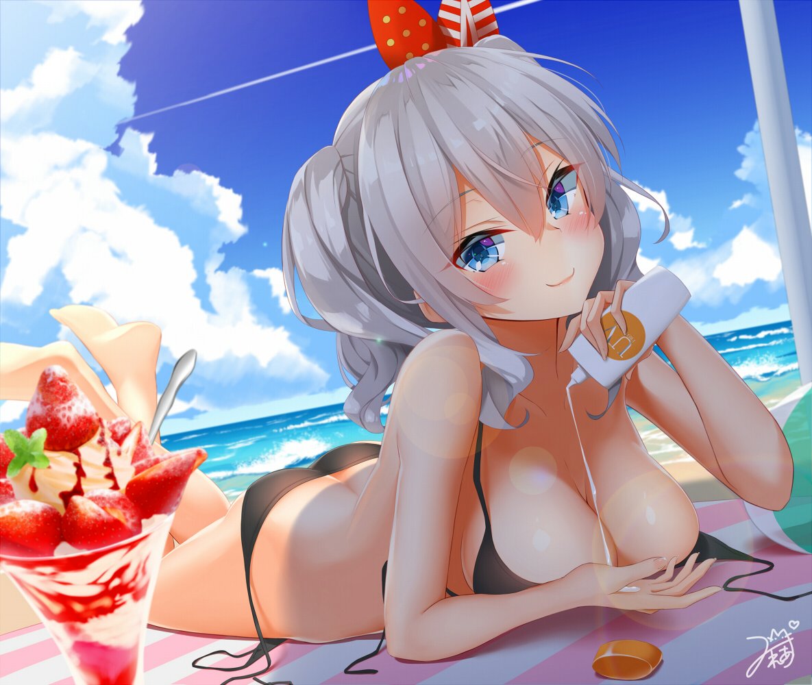 10s 1girl ass ball bare_shoulders beach beachball beret bikini black_bikini blue_eyes blush breasts butt_crack cleavage close-up day hair_between_eyes hat horizon kantai_collection kashima_(kantai_collection) large_breasts looking_at_viewer lotion lying mirea ocean on_stomach outdoors parfait silver_hair smile solo sunlight sunscreen swimsuit the_pose twintails untied untied_bikini wavy_hair