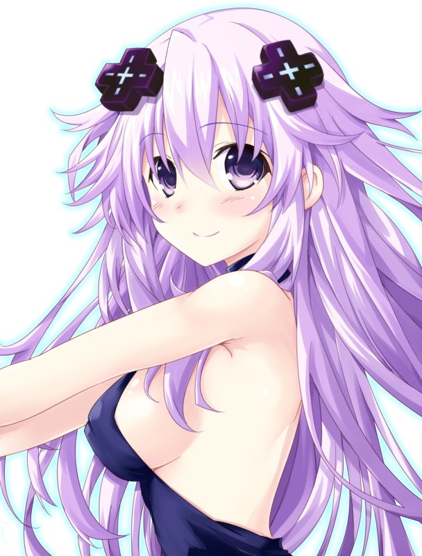 1girl adult_neptune blush breasts closed_mouth cowboy_shot d-pad dress iwasi-r long_hair looking_at_viewer looking_back medium_breasts neptune_(series) no_bra purple_hair revision shin_jigen_game_neptune_vii shiny shiny_hair shiny_skin sideboob simple_background solo very_long_hair violet_eyes white_background