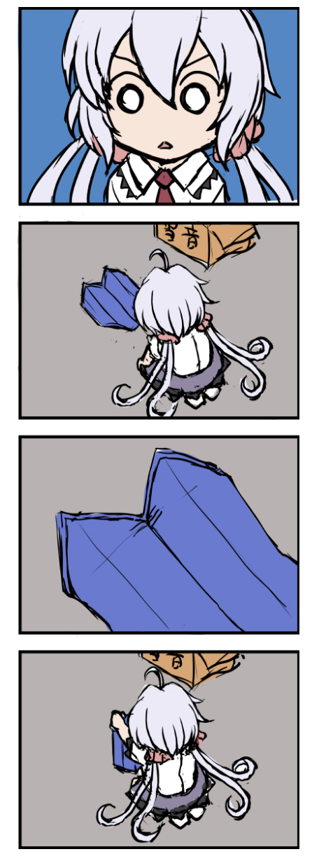 1girl 4koma :&lt; ahoge box bunnysuit cardboard_box chibi comic from_above hair_between_eyes highres holding_clothes lavender_hair long_hair necktie o_o purple_hair school_uniform senki_zesshou_symphogear shunzou silent_comic solo very_long_hair yukine_chris