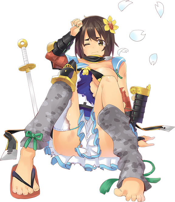 1girl artist_request ass barefoot breasts brown_hair feet flower full_body hair_flower hair_ornament hand_on_head lying official_art one_eye_closed oshiro_project oshiro_project_re petals short_hair single_shoe sitting sword tearing_up toes torn_clothes transparent_background tsuruga_(oshiro_project) weapon yellow_eyes