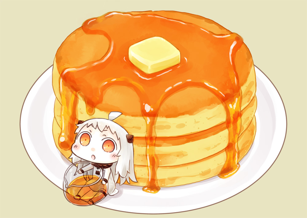 10s 1girl ahoge butter chibi commentary_request dress food hinata_yuu honey horns kantai_collection long_hair looking_at_viewer minigirl mittens northern_ocean_hime open_mouth orange_eyes pancake plate shinkaisei-kan simple_background sitting solo white_dress white_hair white_skin