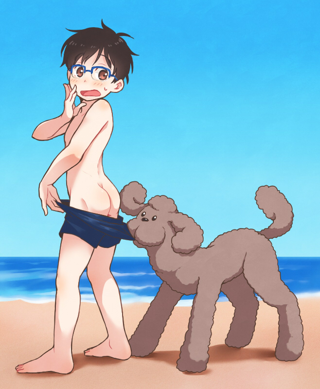 1boy ass beach black_hair blue-framed_eyewear blush brown_eyes coppertone dog glasses katsuki_yuuri makkachin male_focus male_swimwear open_mouth parody ruei_(chicking) swim_trunks swimsuit_pull swimwear yuri!!!_on_ice