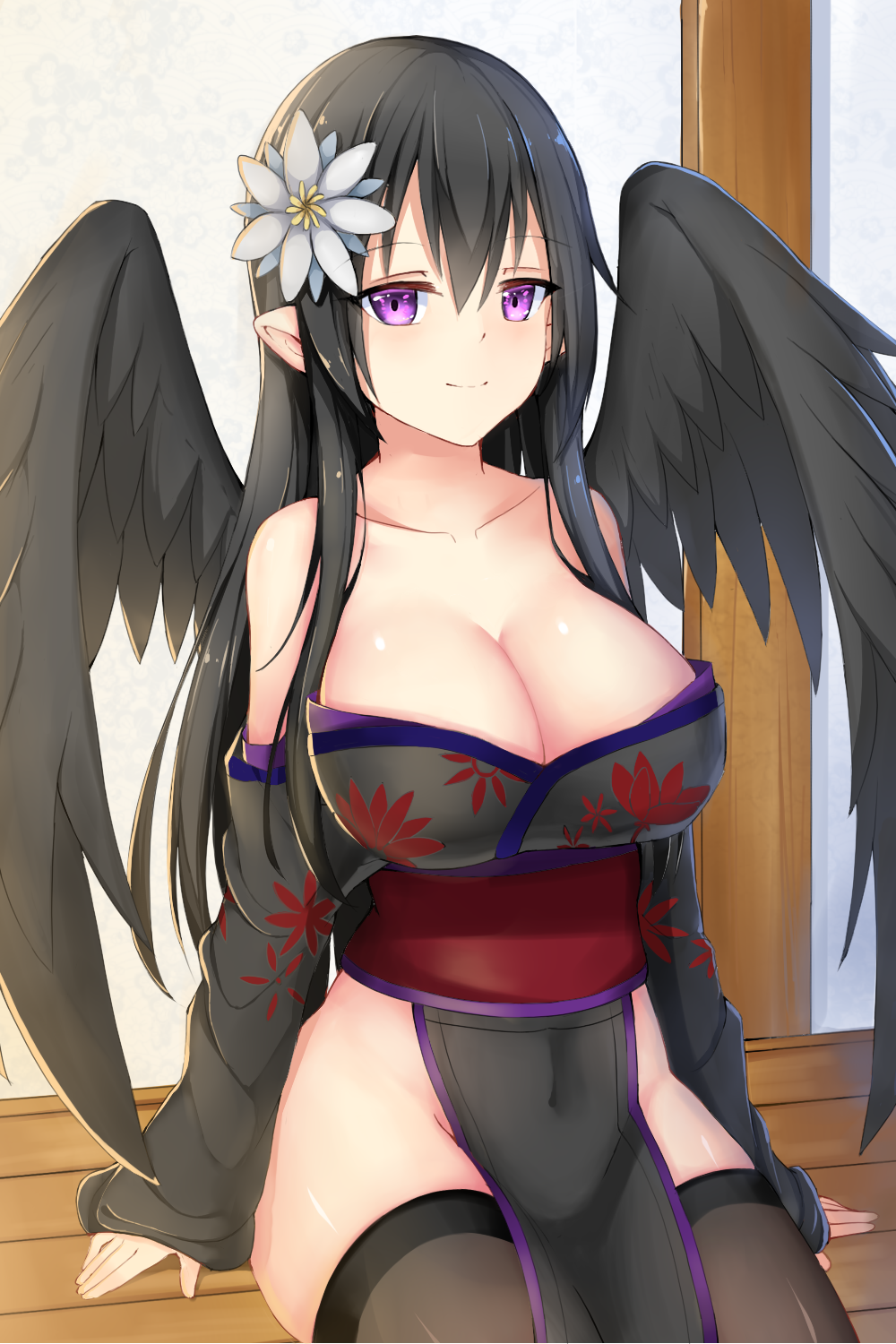 1girl alternate_costume black_hair black_legwear black_wings breasts chixiao cleavage covered_navel flower hair_flower hair_ornament highres japanese_clothes large_breasts long_hair looking_at_viewer pelvic_curtain persephone_(p&amp;d) pointy_ears puzzle_&amp;_dragons sitting smile solo thigh-highs violet_eyes wide_sleeves wings