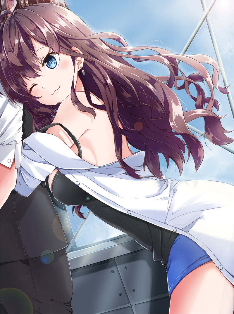 1girl ;3 bangs blue_eyes blue_shorts blush boyshorts breasts brown_hair camisole closed_mouth coat earrings eyebrows_visible_through_hair from_side hug hug_from_behind ichinose_shiki idolmaster idolmaster_cinderella_girls jewelry jitai large_breasts lens_flare long_hair one_eye_closed open_clothes open_coat outdoors shorts smile solo_focus strap_slip wavy_hair