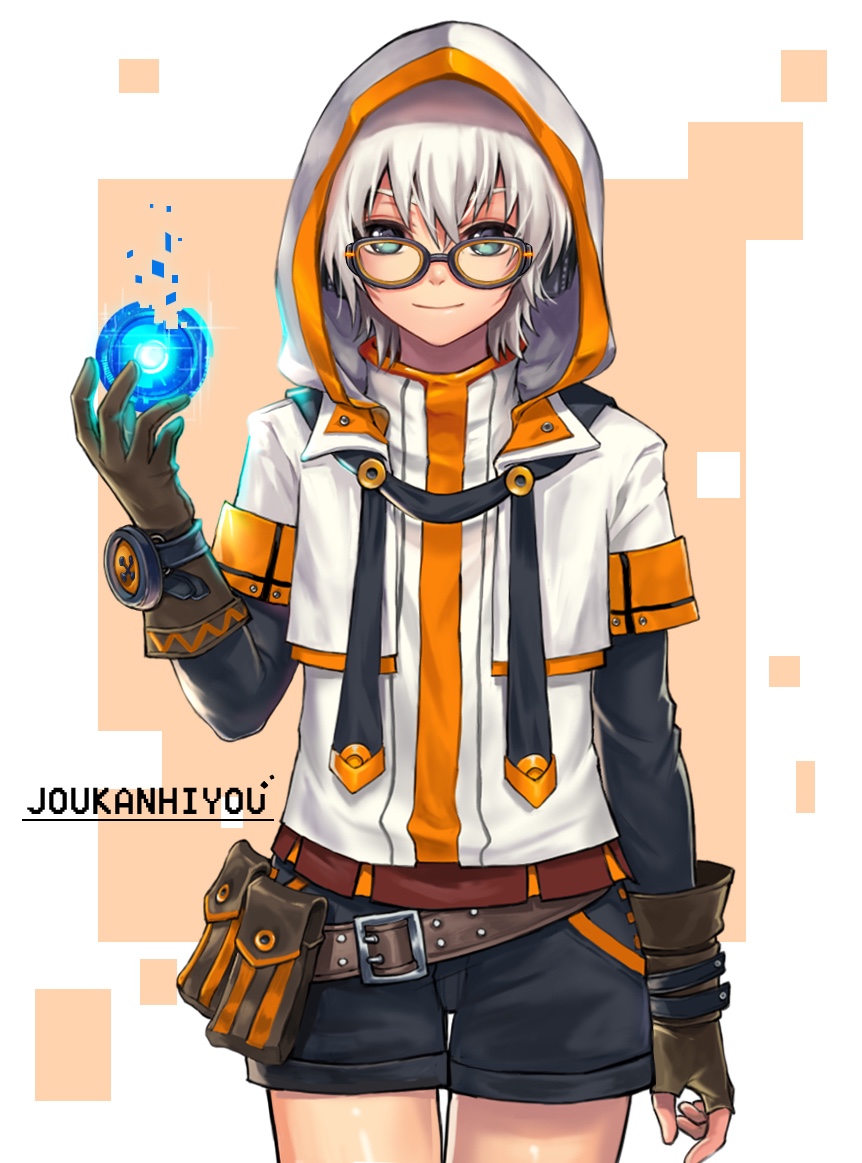 1girl brown_gloves glasses gloves green_eyes hood_up looking_at_viewer original shangguan_feiying short_hair solo twitter_username white_hair