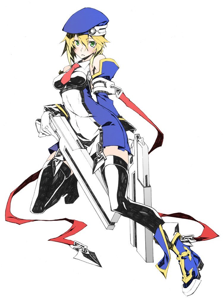 1girl beret blazblue blazblue:_calamity_trigger blazblue:_central_fiction blazblue:_chronophantasma blazblue:_continuum_shift blonde_hair full_body gun hat holding holding_gun holding_weapon jacket noel_vermillion simple_background uniform weapon white_background