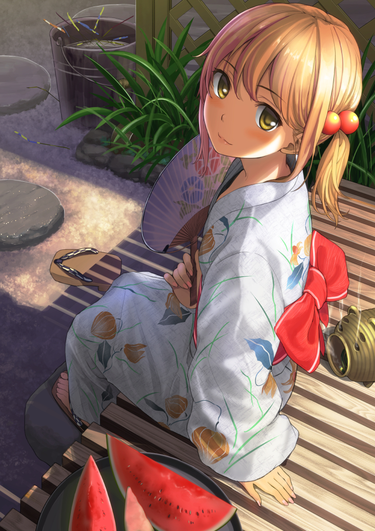 1girl :3 arm_at_side arm_support bangs blonde_hair blush bucket chinese_lantern clog_sandals closed_mouth commentary_request eyebrows eyebrows_visible_through_hair fan fence fireworks flower food from_above fruit full_body geta grass hair_bobbles hair_ornament holding holding_fan japanese_clothes kayari_buta kimono long_hair long_sleeves looking_at_viewer looking_up morning_glory nail_polish obi original outdoors paper_fan pink_lips pink_nails platform_footwear porch revision rock sash senkou_hanabi shade shoes_removed side_ponytail single_shoe sitting smile smoke solo sparkler summer tray uchiwa veranda watermelon wide_sleeves yellow_eyes yoropa yukata