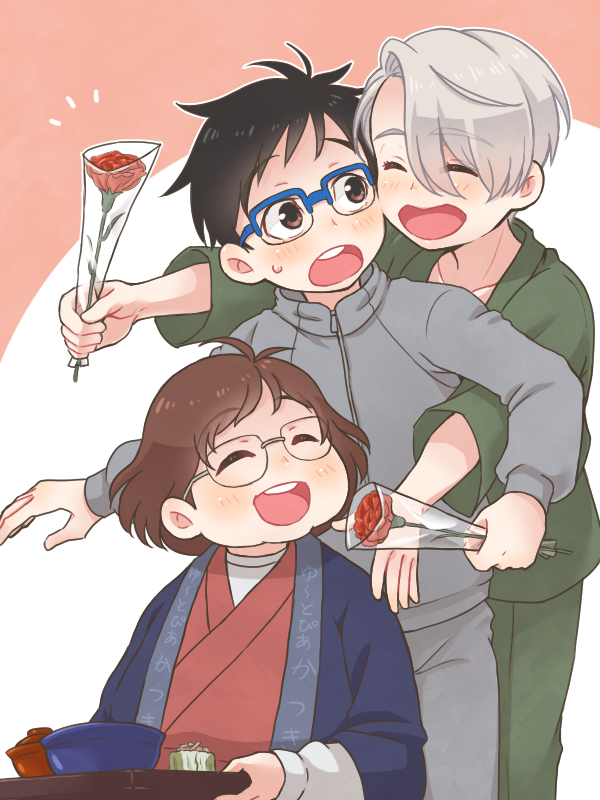 1girl 2boys ^_^ black_hair blue-framed_eyewear bowl brown_eyes brown_hair carnation closed_eyes flower glasses japanese_clothes katsuki_hiroko katsuki_yuuri mother's_day multiple_boys open_mouth red_carnation ruei_(chicking) silver_hair smile track_suit tray viktor_nikiforov yuri!!!_on_ice