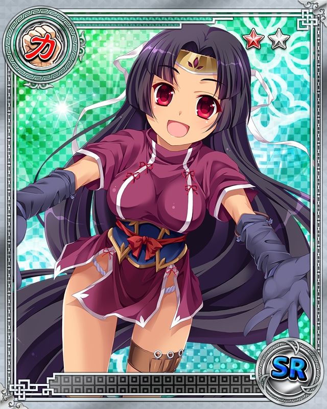 1girl black_hair breasts card_(medium) dress elbow_gloves fundoshi gloves headband hikage_eiji japanese_clothes koihime_musou kunai long_hair official_art open_mouth outstretched_arms outstretched_hand red_eyes short_dress shuutai side_slit smile solo thigh_strap very_long_hair weapon