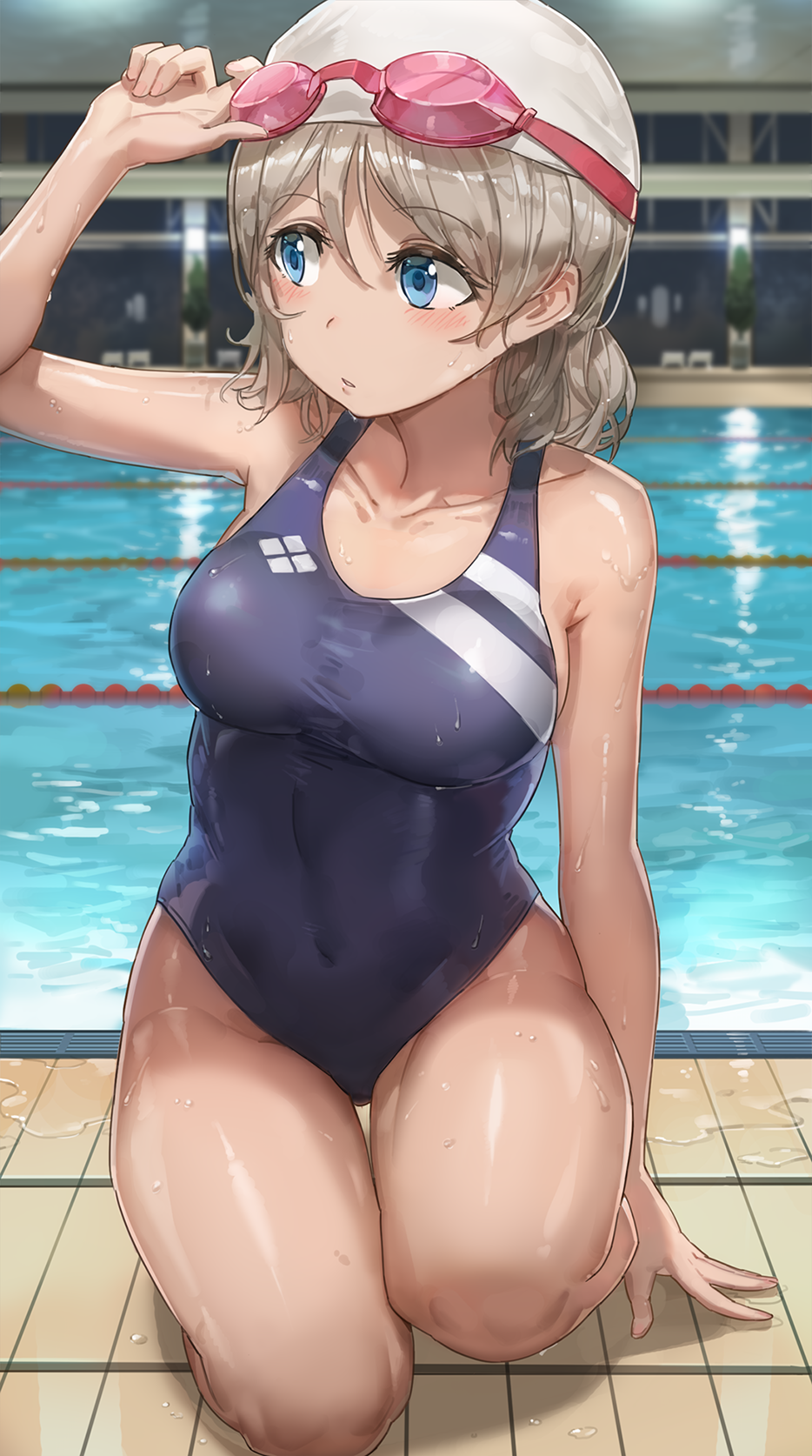 1girl adjusting_goggles arm_support bare_arms bare_legs blue_eyes blue_swimsuit blurry blush breasts brown_hair collarbone commentary competition_swimsuit covered_navel depth_of_field goggles goggles_on_head hair_between_eyes highleg highleg_swimsuit highres indoors kneeling lane_line looking_to_the_side love_live! love_live!_sunshine!! medium_breasts one-piece_swimsuit pool poolside short_hair solo swim_cap swimsuit thighs watanabe_you water wet wet_clothes yohan1754