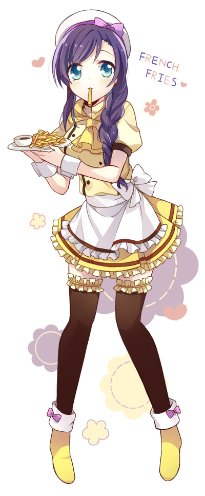 1girl alternate_hairstyle apron bangs beret black_legwear blue_eyes boots braid closed_mouth coco's food food_in_mouth french_fries frilled_apron frilled_legwear frills hat holding holding_food holding_plate long_hair looking_at_viewer love_live! love_live!_school_idol_project mouth_hold plate puffy_short_sleeves puffy_sleeves purple_hair short_sleeves side_braid solo standing tareme thigh-highs toujou_nozomi waist_apron waitress white_background yellow_boots yimu