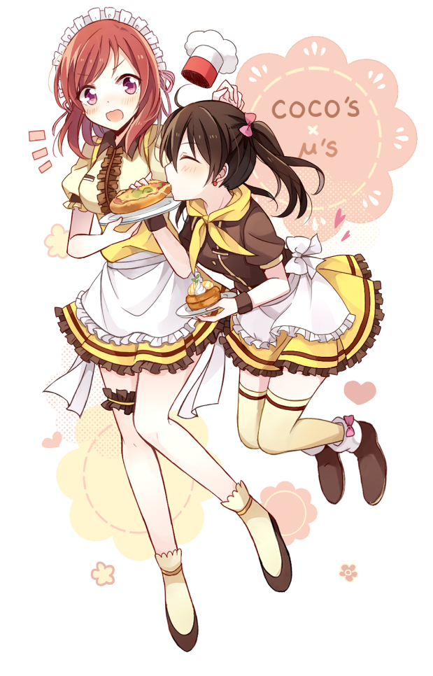 apron bangs blush boots bow brown_boots brown_hair brown_shoes chef_hat closed_eyes coco's copyright_name earrings eating eyebrows_visible_through_hair food food_request frilled_apron frills hair_bow hat headdress holding holding_food jewelry leg_garter looking_at_another love_live! love_live!_school_idol_project nishikino_maki open_mouth pink_bow puffy_short_sleeves puffy_sleeves shoes short_sleeves socks thigh-highs twintails violet_eyes waist_apron waitress yazawa_nico yellow_legwear yimu