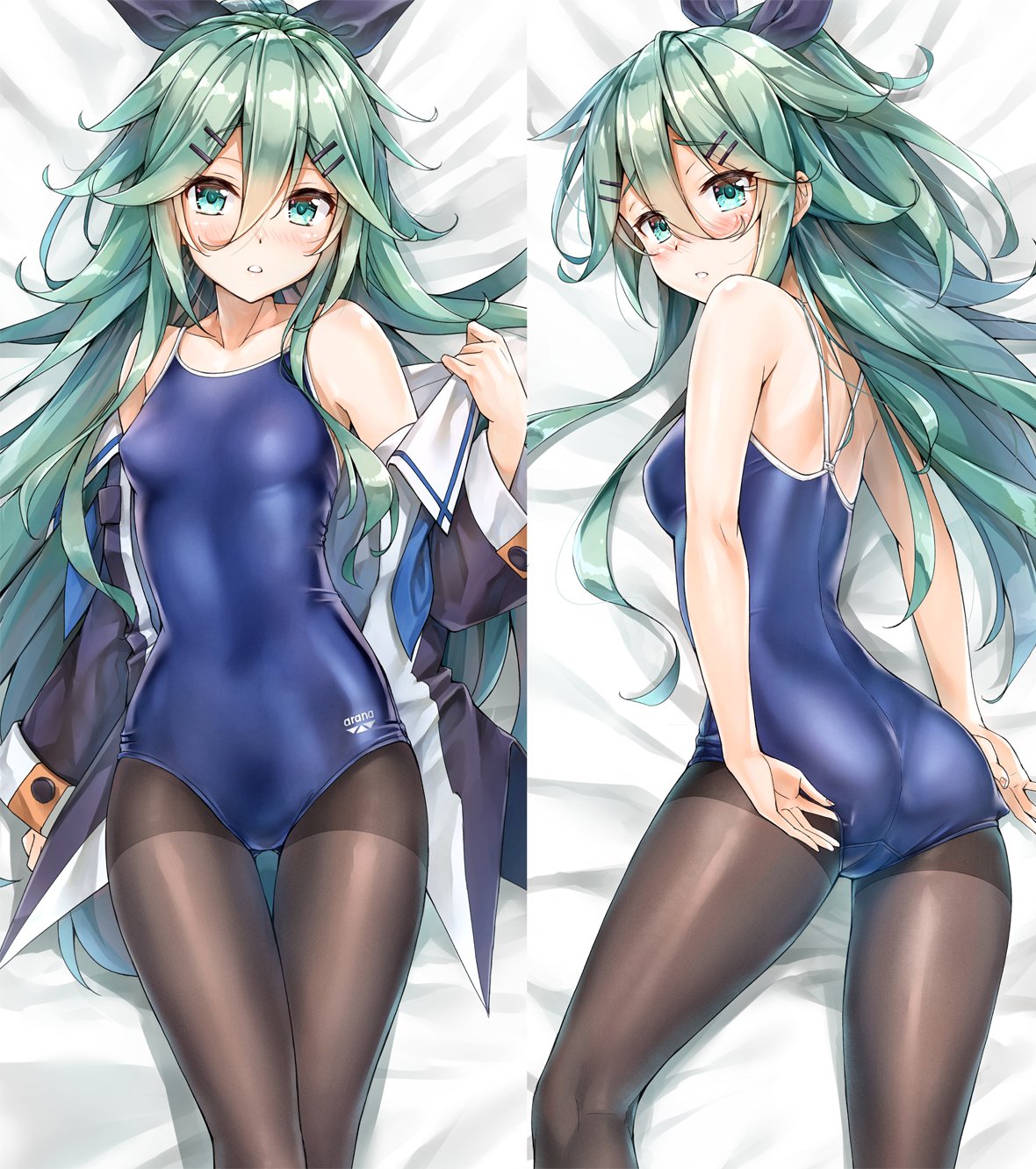 10s 1girl aqua_eyes aqua_hair ass bed_sheet blush breasts closed_mouth collarbone competition_swimsuit dakimakura dress_removed eyebrows_visible_through_hair hair_between_eyes hair_flaps hair_ornament hairclip highres kantai_collection kotatsu_(kotatsu358) long_hair long_sleeves looking_back lying multiple_views on_back on_side one-piece_swimsuit pantyhose parted_lips shadow small_breasts swimsuit thighband_pantyhose yamakaze_(kantai_collection)
