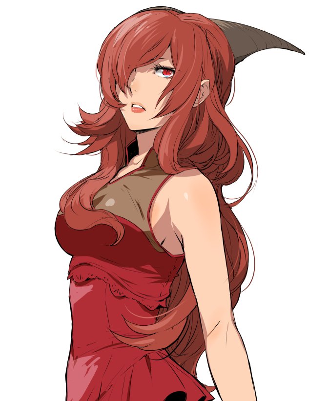 1girl aka_no_joou collarbone curly_hair dress enami_katsumi hair_over_one_eye horns isekai_shokudou long_hair red_dress red_eyes simple_background sleeveless sleeveless_dress solo white_background