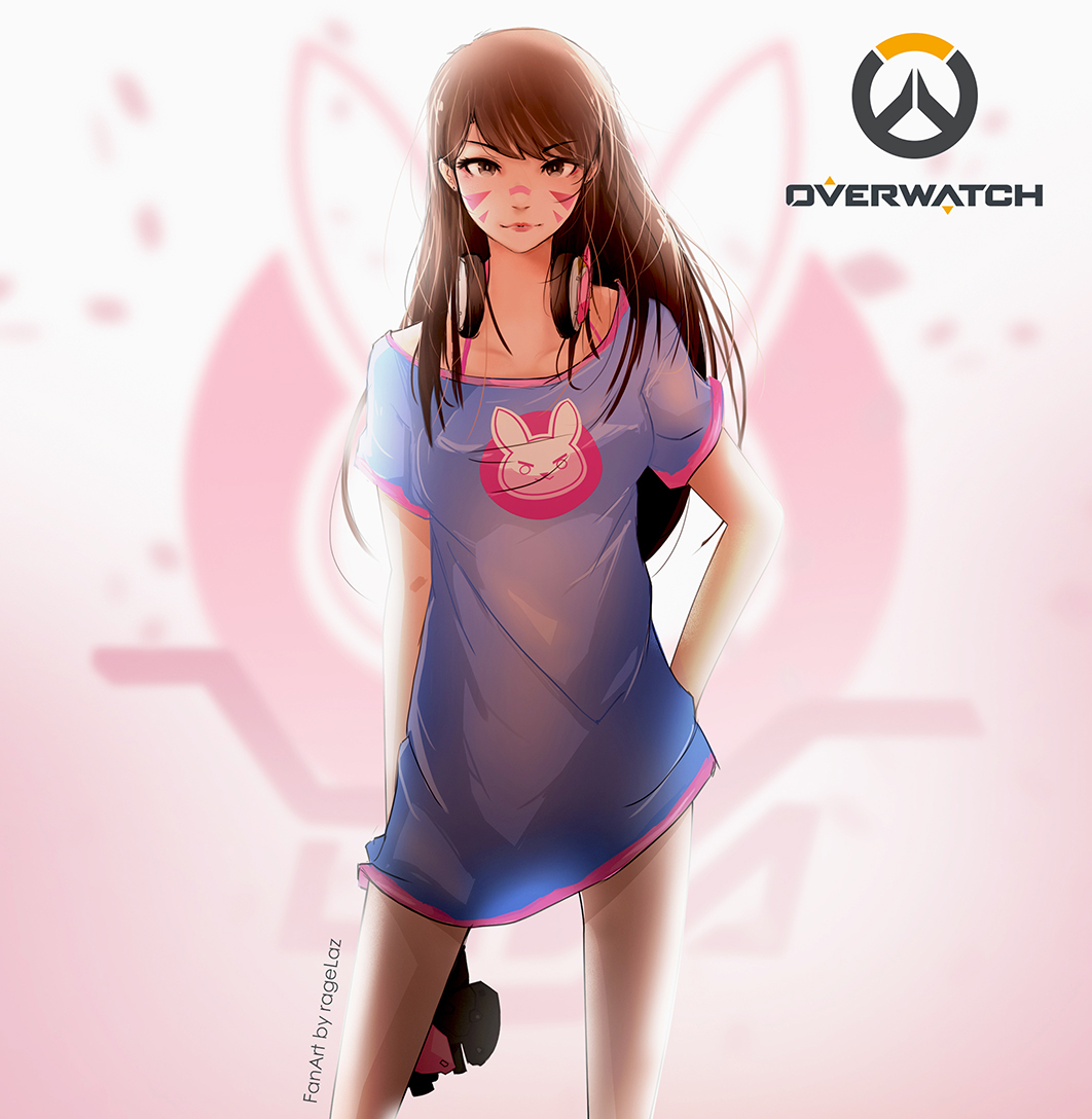 &gt;:3 1girl :3 adapted_costume animal_print arm_at_side arm_behind_back artist_name bangs bare_legs brown_eyes brown_hair bunny_print closed_mouth collarbone copyright_name cowboy_shot d.va_(overwatch) emblem eyebrows_visible_through_hair eyelashes facepaint gun handgun holding holding_gun holding_weapon logo long_hair looking_at_viewer overwatch pink_lips ragelaz shirt_only short_sleeves smile solo standing weapon whisker_markings