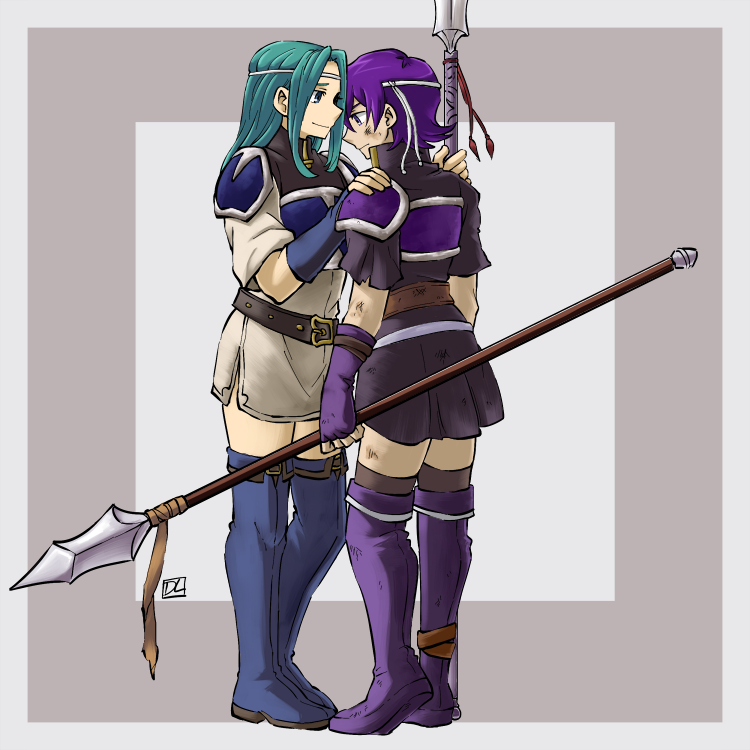 2girls aqua_hair armor armored_dress arms_at_sides belt black_dress black_uniform blue_boots blue_eyes blue_gloves blue_hair boots breastplate closed_mouth dl dress farina farina_(fire_emblem) female fingerless_gloves fiora fiora_(fire_emblem) fire_emblem fire_emblem:_rekka_no_ken full_body gloves hand_on_another's_shoulder headband holding holding_weapon hug injury legs long_hair looking_at_another looking_down multiple_girls nintendo pauldrons pegasus_knight pleated_dress polearm sad short_hair short_sleeves siblings side_slit simple_background sisters smile spear standing thigh-highs thigh_boots uniform weapon white_dress white_uniform