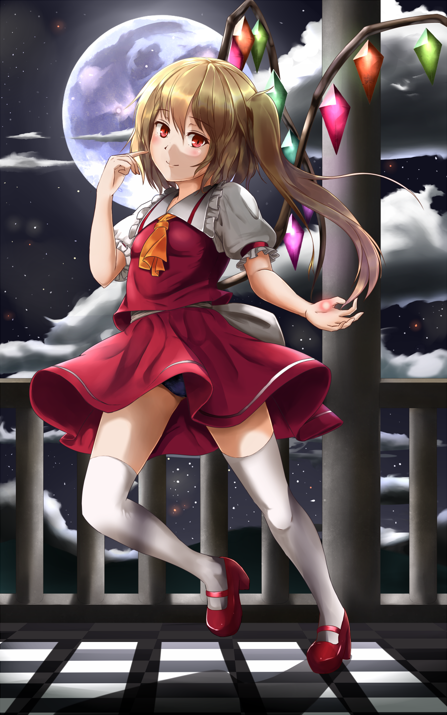 1girl blonde_hair blush butter_curry closed_mouth clouds cloudy_sky eyebrows_visible_through_hair flandre_scarlet full_moon highres long_hair looking_at_viewer moon night red_eyes side_ponytail sky smile solo thigh-highs touhou white_legwear wings