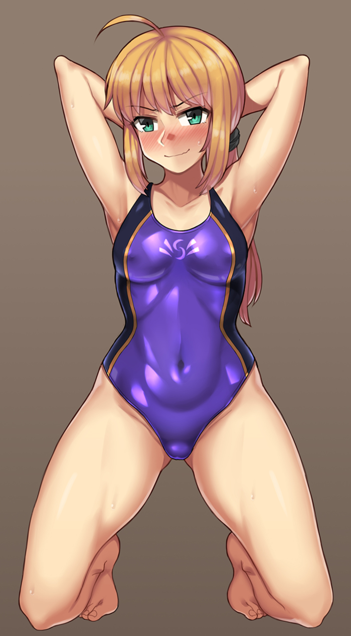 1girl arms_behind_head barefoot blonde_hair blush competition_swimsuit covered_navel erect_nipples fate/stay_night fate_(series) full_body green_eyes highres kneeling long_hair looking_at_viewer nite_(ku3456) one-piece_swimsuit purple_swimsuit saber solo swimsuit