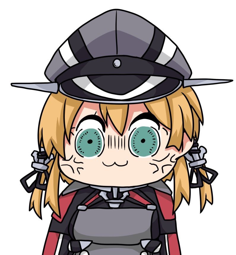 10s 1girl anchor_hair_ornament anger_vein aqua_eyes bkub_(style) black_ribbon blonde_hair chibi hair_ornament hat iron_cross kantai_collection low_twintails military military_hat military_uniform peaked_cap prinz_eugen_(kantai_collection) ribbon twintails uniform yuuki_shishin