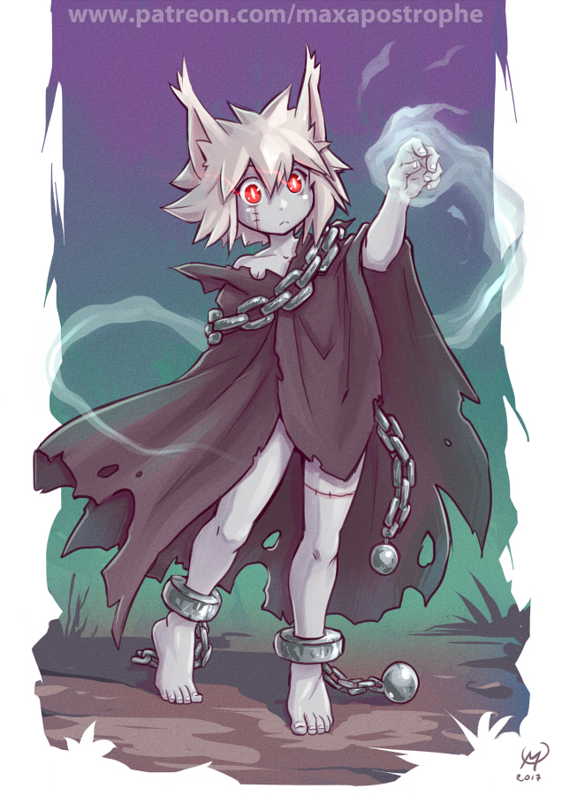 1girl animal_ears ball_and_chain_restraint barefoot cape cat_ears chains cuffs maxa' messy_hair original pale_skin red_eyes shackles stitches undead white_hair zombie