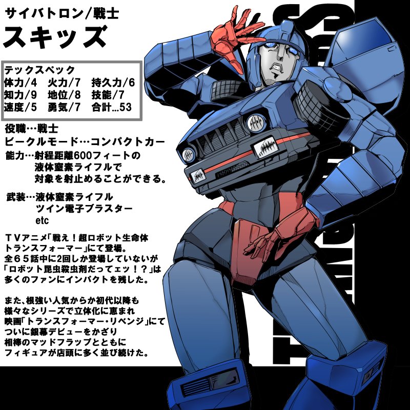 1boy 80s autobot blue_eyes full_body kamizono_(spookyhouse) machine machinery mecha no_humans oldschool parody personification robot simple_background skids_(transformers) solo transformers translation_request