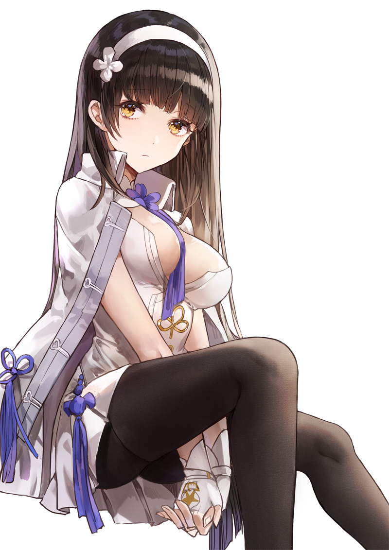 1girl between_breasts black_hair black_legwear breasts cleavage fingerless_gloves flower girls_frontline gloves hair_flower hair_ornament hairband kim_eb large_breasts long_hair looking_at_viewer pantyhose qbz-95_(girls_frontline) simple_background solo v_arms very_long_hair white_background white_gloves white_hairband yellow_eyes