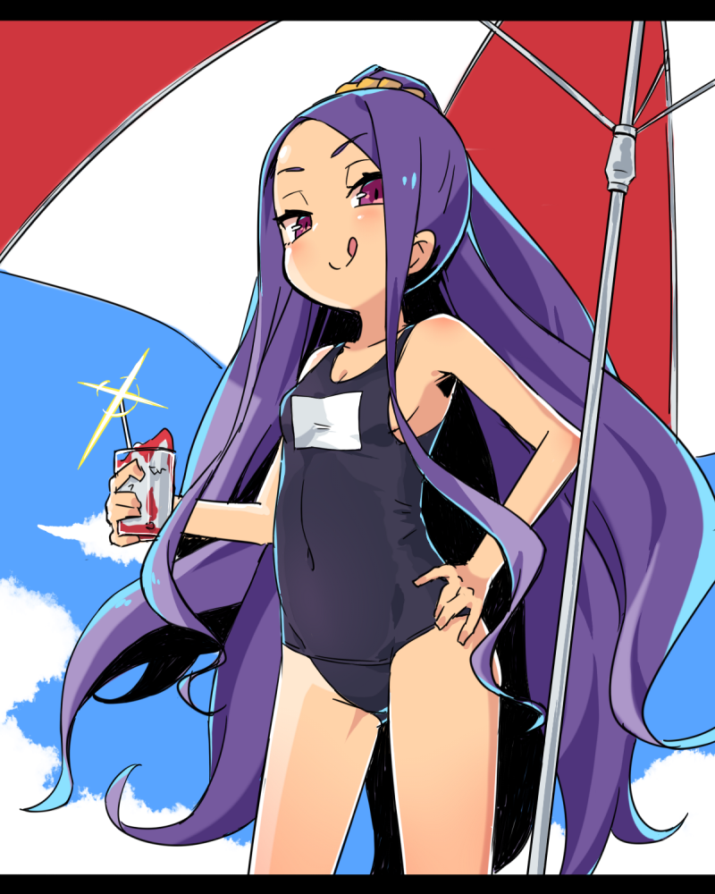 1girl assassin_of_the_nocturnal_castle beach_umbrella blue_swimsuit cowboy_shot drink fate/grand_order fate_(series) from_below long_hair looking_at_viewer mei_mu ponytail purple_hair school_swimsuit solo standing swimsuit umbrella very_long_hair violet_eyes wu_zetian_(fate/grand_order)