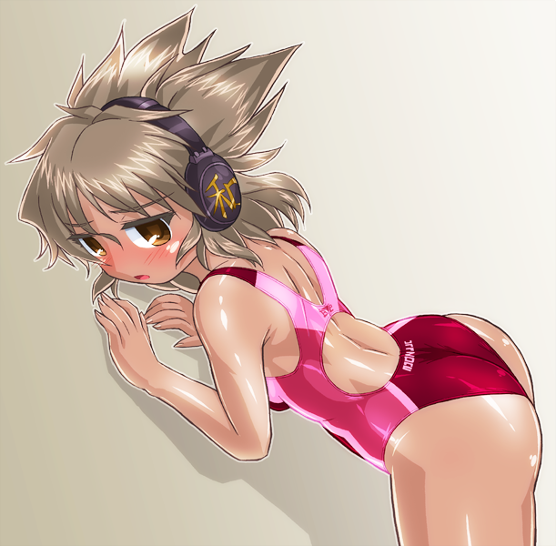 1girl ass brown_eyes brown_hair competition_swimsuit cowboy_shot earmuffs from_behind one-piece_swimsuit open_mouth pointy_hair red_swimsuit short_hair solo standing swimsuit touhou toyosatomimi_no_miko winn