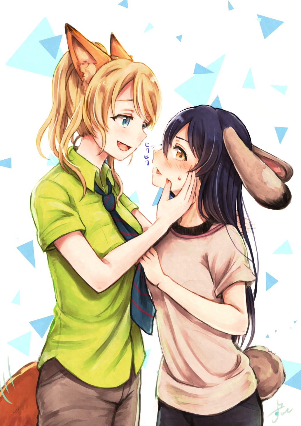 2girls animal_ears ayase_eli black_pants blonde_hair blue_eyes blue_necktie blush breasts brown_eyes bunny_tail diagonal_stripes fox_ears fox_tail green_shirt grey_shirt hand_on_another's_face height_difference highres lilylion26 long_hair looking_at_another looking_at_viewer love_live! love_live!_school_idol_project medium_breasts motion_lines multiple_girls nail_polish necktie open_mouth pants pink_nails profile purple_hair rabbit_ears shirt short_hair short_sleeves sonoda_umi standing striped striped_necktie tail white_background wing_collar yuri