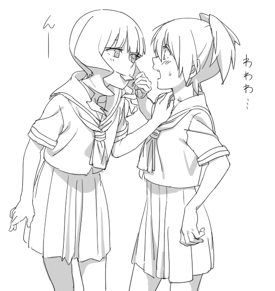 2girls black_rock_shooter blush commentary_request food_in_mouth hand_on_another's_shoulder hime_cut incipient_kiss kuroi_mato lineart monochrome multiple_girls open_mouth school_uniform short_hair sweat takanashi_yomi tatsuki3594 twintails yuri