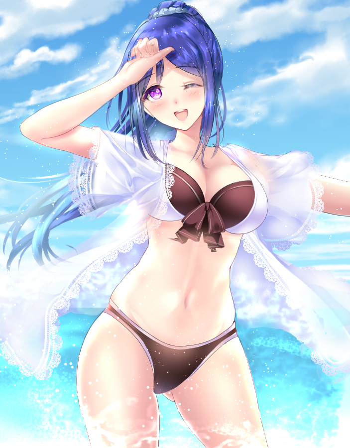 1girl arm_up bikini black_bikini blue_hair blue_sky blush breasts cleavage clenched_hand clouds commentary_request cowboy_shot day dress_shirt front-tie_bikini front-tie_top gorua_(youce01) hand_on_own_forehead large_breasts long_hair looking_at_viewer love_live! love_live!_sunshine!! matsuura_kanan navel ocean one_eye_closed open_mouth outdoors ponytail revision see-through shirt short_sleeves sky smile solo standing swimsuit violet_eyes water wet wet_clothes wet_shirt white_shirt