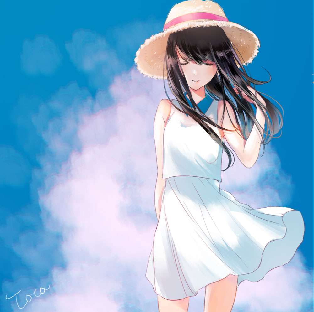 1girl arm_at_side arm_up bent_elbow black_hair blue_collar blue_sky brown_hat closed_eyes collared_dress commentary_request dress flowing_dress hand_in_hair hat hat_ribbon long_hair original pink_ribbon ribbon shiny shiny_hair sky sleeveless sleeveless_dress standing straw_hat suono white_dress wing_collar