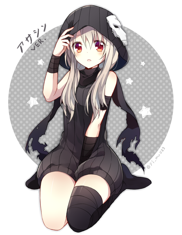 1girl bangs between_legs dress fate/kaleid_liner_prisma_illya fate_(series) full_body grey_hair hair_between_eyes hand_between_legs hood illyasviel_von_einzbern long_hair looking_at_viewer parted_lips plurk_username polka_dot polka_dot_background red_eyes ribbed_sweater seiza sidelocks single_thighhigh sitting solo star sweater sweater_dress thigh-highs yimu