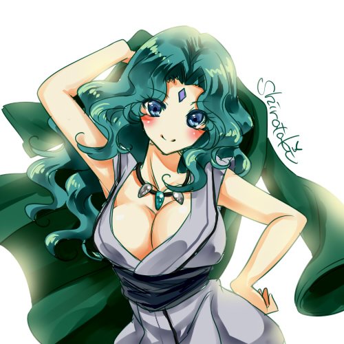 aqua_hair bishoujo_senshi_sailor_moon breasts choker cosplay green_hair kaiou_michiru katsuki_masako large_breasts long_hair lowres naruto seiyuu_connection shirataki_kaiseki smile tsunade tsunade_(cosplay)